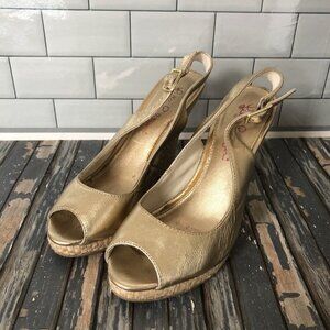 Gold Slingback Peep-Toe Wedges